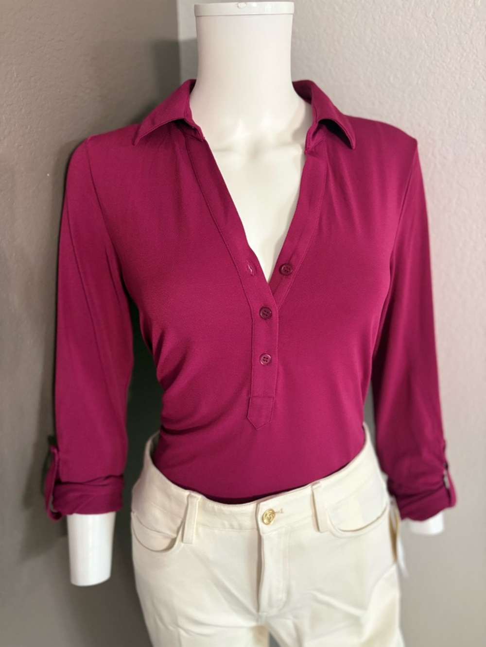 Classic Collared Button-Front Top in Magenta